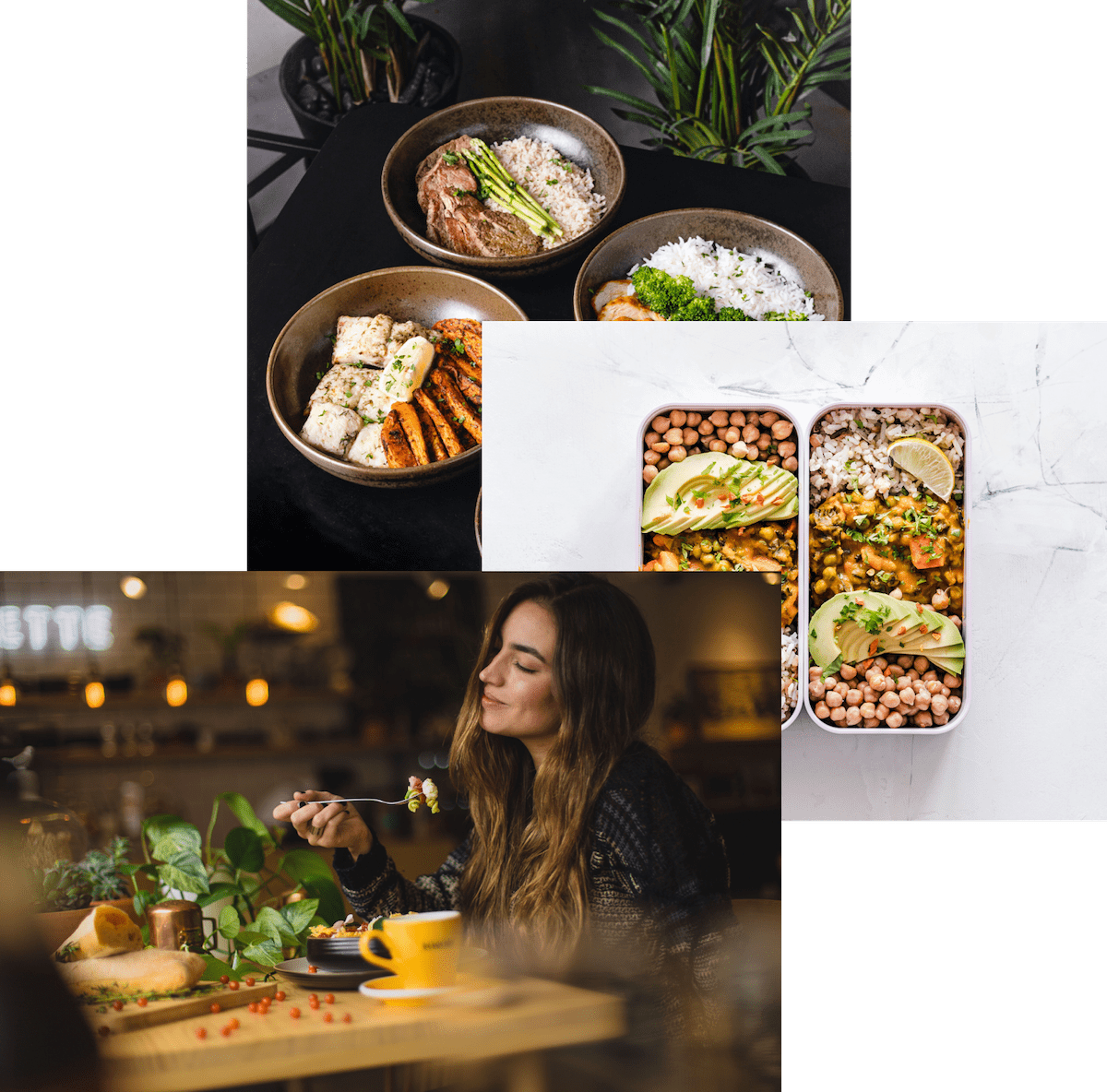 A collage of a woman enjoying food, meals presented in storage container and bowls 